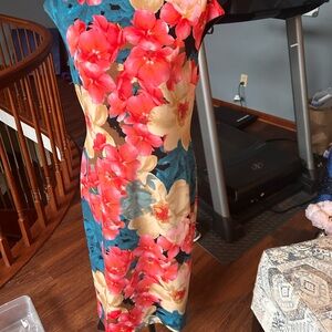 Maggy London Coral and Teal Floral Midi Dress